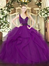Luxurious Purple Ball Gowns Beading and Ruffles Quinceanera Dress Zipper Tulle Sleeveless Floor Length