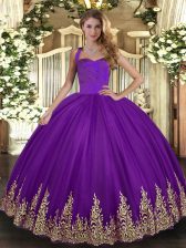 Pretty Purple Tulle Lace Up Halter Top Sleeveless Floor Length Vestidos de Quinceanera Appliques