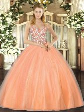  Floor Length Orange Ball Gown Prom Dress Organza Sleeveless Beading and Appliques