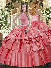  High-neck Sleeveless Quinceanera Gown Floor Length Beading and Ruffled Layers Coral Red Organza and Taffeta