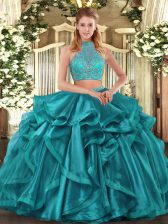  Halter Top Sleeveless Organza Sweet 16 Dresses Beading and Ruffled Layers Criss Cross