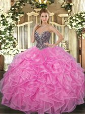 Dynamic Rose Pink Sleeveless Beading and Ruffles Floor Length 15 Quinceanera Dress