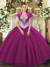 Exceptional Fuchsia Lace Up Quinceanera Gown Beading and Sequins Sleeveless Floor Length
