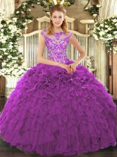 High End Organza Cap Sleeves Floor Length Ball Gown Prom Dress and Beading and Appliques and Ruffles