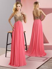  Watermelon Red Chiffon Zipper Homecoming Dress Sleeveless Floor Length Sweep Train Beading