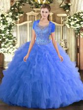 Adorable Baby Blue Ball Gowns Tulle Scoop Sleeveless Beading and Ruffled Layers Floor Length Clasp Handle 15 Quinceanera Dress