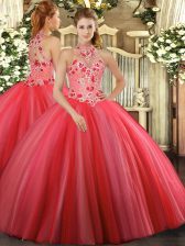  Coral Red Halter Top Lace Up Embroidery Sweet 16 Dress Sleeveless