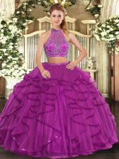 Fantastic Fuchsia Sleeveless Floor Length Beading and Ruffled Layers Criss Cross Quinceanera Dress