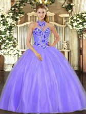  Lavender Lace Up Halter Top Embroidery Quince Ball Gowns Tulle Sleeveless