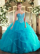  Floor Length Lace Up 15 Quinceanera Dress Aqua Blue for Military Ball and Sweet 16 and Quinceanera with Embroidery and Ruffles