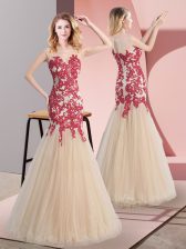 Nice Champagne Tulle Zipper Homecoming Dress Sleeveless Floor Length Appliques