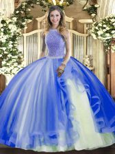 Beading and Ruffles 15th Birthday Dress Blue Lace Up Sleeveless Floor Length
