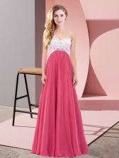  Sleeveless Chiffon Floor Length Criss Cross Homecoming Dress in Coral Red with Beading