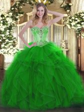  Green Organza Lace Up Sweet 16 Dress Sleeveless Floor Length Beading and Ruffles