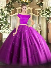 Gorgeous Fuchsia Short Sleeves Floor Length Appliques Zipper Sweet 16 Dress
