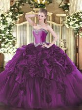  Purple Ball Gowns Sweetheart Sleeveless Organza Floor Length Lace Up Beading and Ruffles Sweet 16 Dresses