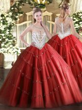  Red Ball Gowns Tulle Scoop Sleeveless Beading and Appliques Floor Length Zipper 15th Birthday Dress
