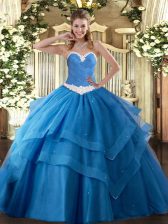 Popular Baby Blue Quinceanera Dress Military Ball and Sweet 16 and Quinceanera with Appliques and Ruffled Layers Sweetheart Sleeveless Lace Up