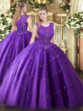 Hot Selling Purple Tulle Zipper Scoop Sleeveless Floor Length Sweet 16 Dresses Beading and Appliques