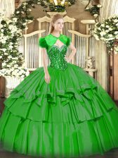 Latest Green Sleeveless Organza and Taffeta Lace Up Quinceanera Gowns for Military Ball and Sweet 16 and Quinceanera
