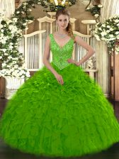 Deluxe Green Zipper Ball Gown Prom Dress Beading and Ruffles Sleeveless Floor Length