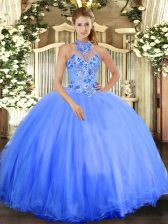 Top Selling Blue Halter Top Neckline Embroidery Sweet 16 Dresses Sleeveless Lace Up