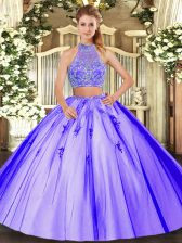 Classical Lavender Two Pieces Tulle Halter Top Sleeveless Beading Floor Length Criss Cross Quinceanera Dress