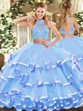  Sleeveless Tulle Floor Length Criss Cross Sweet 16 Dresses in Aqua Blue with Beading and Ruffled Layers