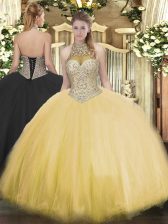  Gold Ball Gowns Tulle Halter Top Sleeveless Beading Floor Length Lace Up 15 Quinceanera Dress