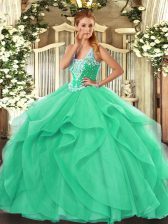 Exquisite Turquoise Lace Up Straps Beading and Ruffles 15 Quinceanera Dress Tulle Sleeveless