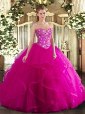 Smart Fuchsia Tulle Lace Up 15th Birthday Dress Sleeveless Floor Length Embroidery and Ruffles