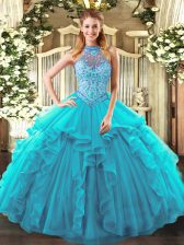  Floor Length Teal Quinceanera Dresses Halter Top Sleeveless Lace Up