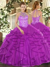 Custom Designed Purple Halter Top Lace Up Beading and Ruffles Quinceanera Dresses Sleeveless