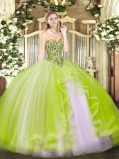 Beauteous Yellow Green Tulle Lace Up Sweetheart Sleeveless Floor Length Sweet 16 Dress Beading and Ruffles