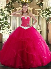  Sweetheart Sleeveless Ball Gown Prom Dress Floor Length Appliques and Ruffles Hot Pink Tulle