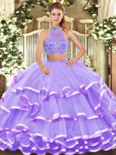 Flare Halter Top Sleeveless Quince Ball Gowns Floor Length Beading and Ruffled Layers Lavender Tulle