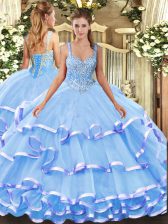  Ball Gowns Vestidos de Quinceanera Blue Straps Organza Sleeveless Floor Length Lace Up