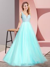  Aqua Blue Zipper Prom Dress Lace Sleeveless Floor Length