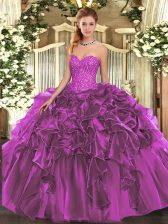 Custom Made Organza Sweetheart Sleeveless Lace Up Beading and Ruffles Quinceanera Dresses in Purple