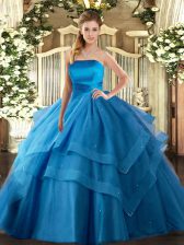  Floor Length Lace Up 15th Birthday Dress Baby Blue for Military Ball and Sweet 16 and Quinceanera with Ruffled Layers