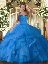 Enchanting Sleeveless Tulle Floor Length Lace Up Vestidos de Quinceanera in Blue with Ruffles