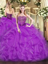 Amazing Ball Gowns Quince Ball Gowns Purple Strapless Organza Sleeveless Floor Length Lace Up