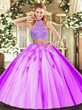 Custom Designed Lilac Two Pieces Halter Top Sleeveless Tulle Floor Length Criss Cross Beading Vestidos de Quinceanera