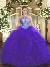 Dramatic Purple Halter Top Neckline Ruffles and Sequins Sweet 16 Quinceanera Dress Sleeveless Lace Up