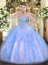 Noble Floor Length Ball Gowns Sleeveless Blue And White Quince Ball Gowns Lace Up
