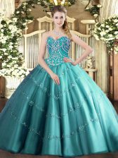 Adorable Teal Ball Gowns Beading and Appliques Quince Ball Gowns Lace Up Tulle Sleeveless Floor Length
