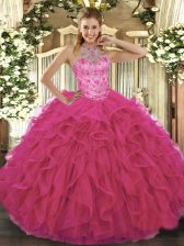 Hot Selling Hot Pink Halter Top Neckline Beading and Embroidery Quince Ball Gowns Sleeveless Lace Up