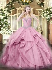  Sweetheart Sleeveless Lace Up Quinceanera Gowns Pink Tulle