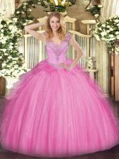 Vintage Tulle V-neck Sleeveless Lace Up Beading Ball Gown Prom Dress in Rose Pink 