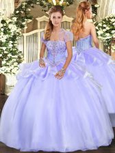  Lavender Organza Lace Up Strapless Sleeveless Floor Length Quinceanera Dress Appliques